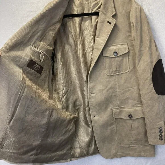 Vintage Tasso Elba Corduroy Safari Blazer Jacket RARE Mens Large L Elbow Patches
